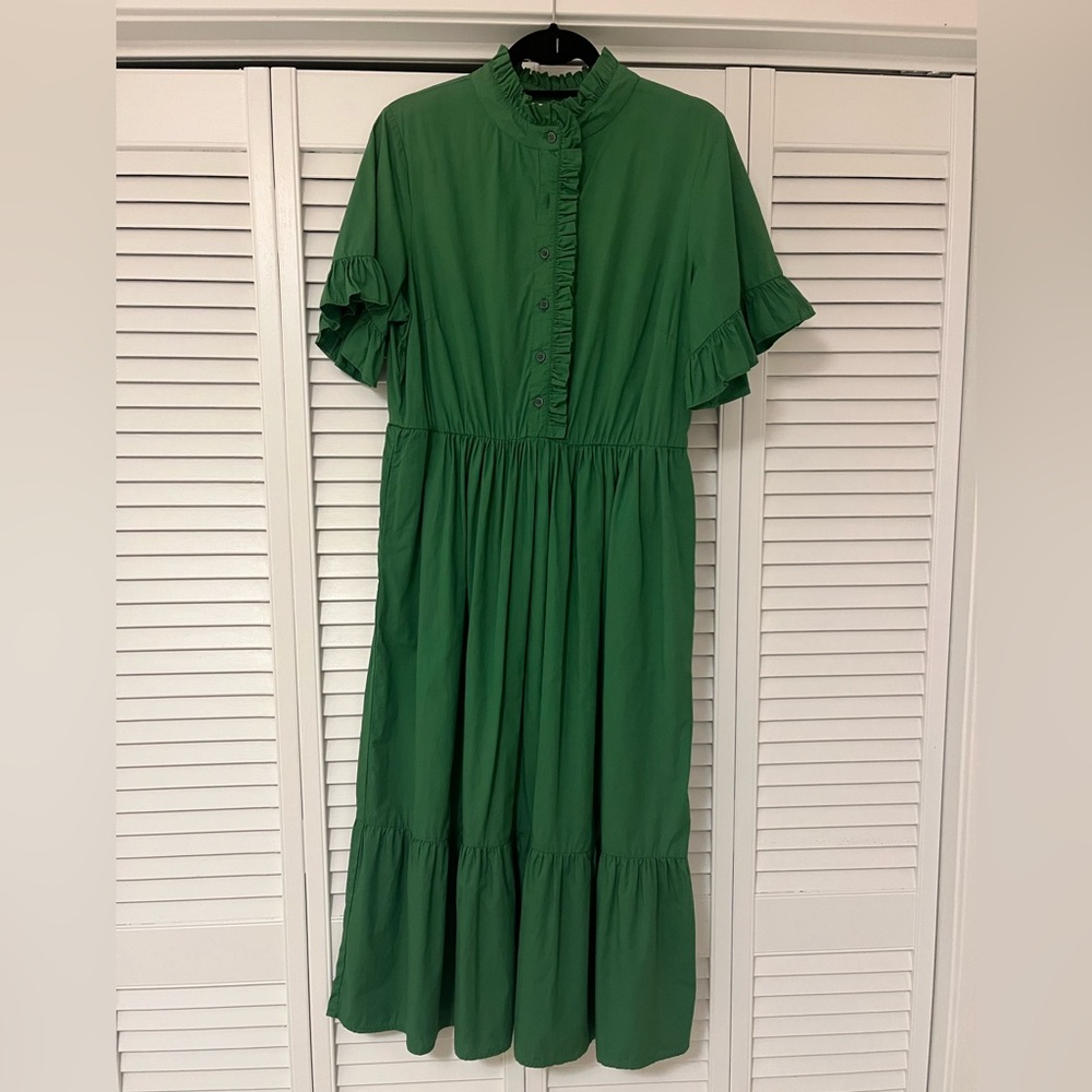 Laroque “Anna” Emerald Midi Dress with Ruffled Sleeves